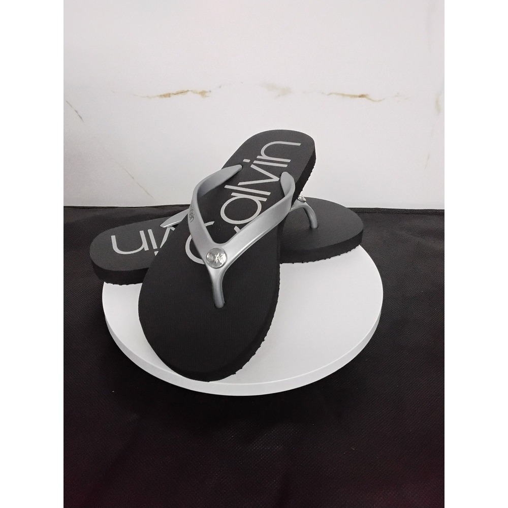 Calvin Klein Salya Flip Flops Black Silver Logo Thong Sandals Size 5 SL38
